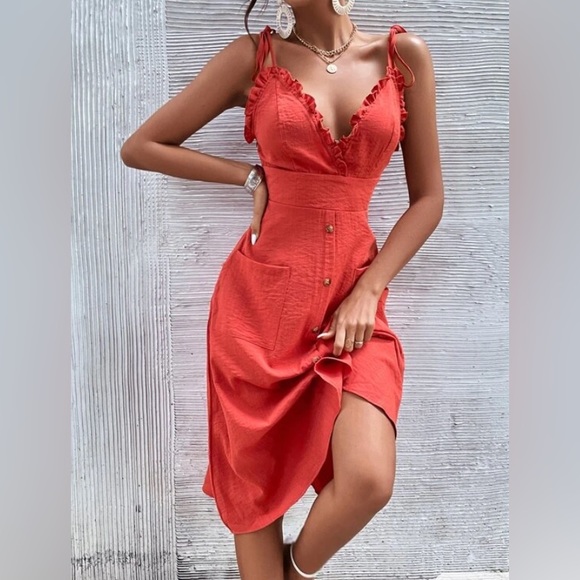 NWOT Frill Trim Knot Detail Cross Wrap Cami Dress Watermelon Pink S - Picture 2 of 6